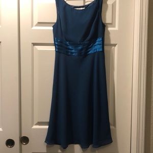 Teal crepe dress with satin waist detail